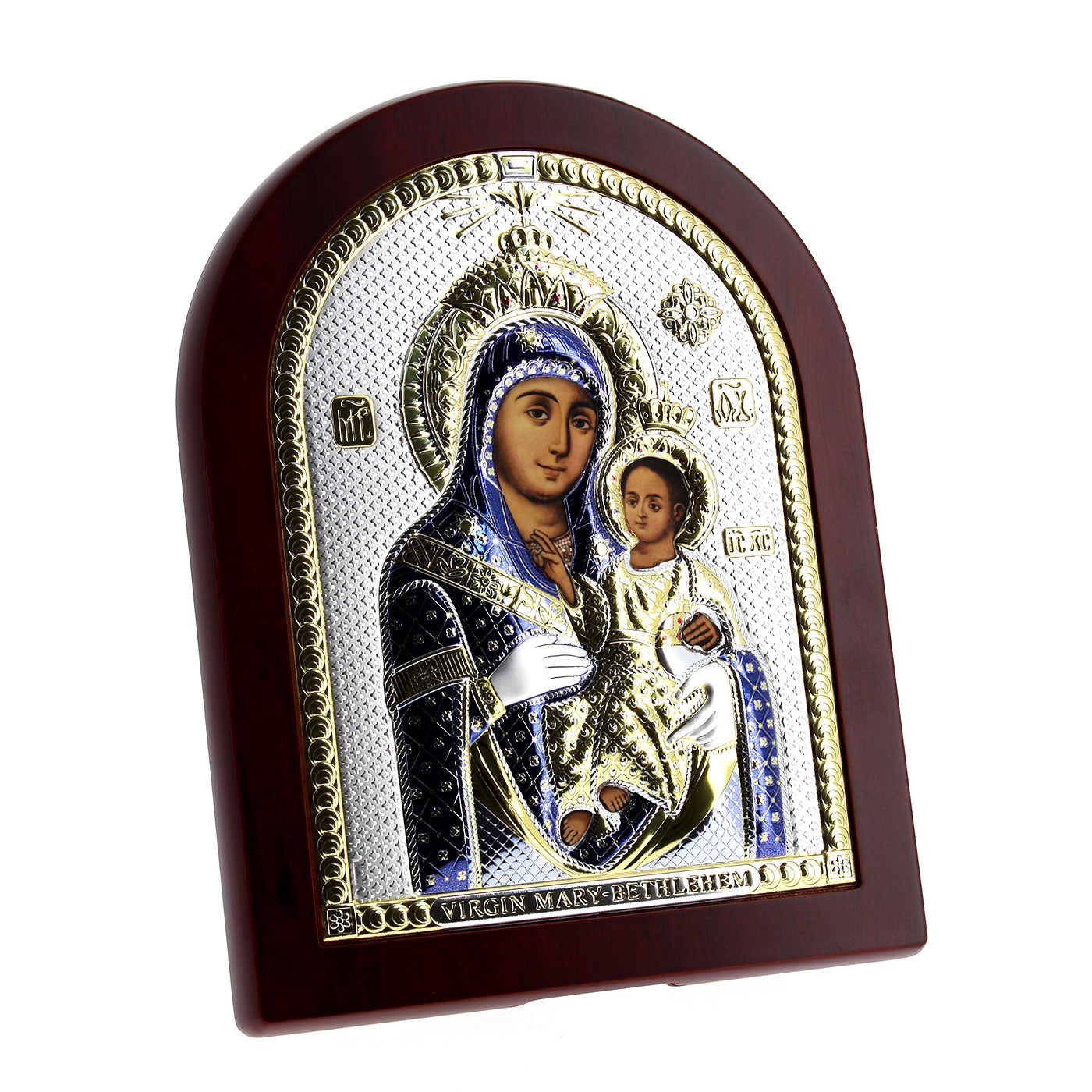 Icona Vergine Maria di Betlemme, in argento. Dimensioni 17,5x22,5 cm