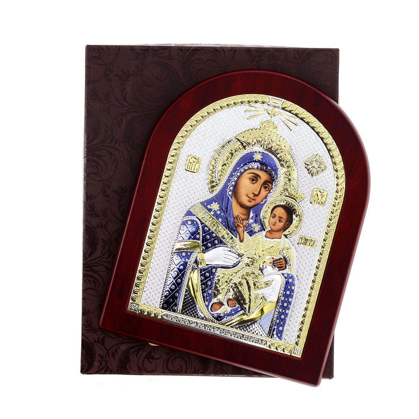 Icona Vergine Maria di Betlemme, in argento. Dimensioni 17,5x22,5 cm