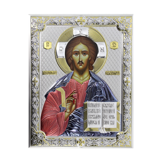 Icona Cristo Pantocratore, in argento. Dimensioni 16x20 cm