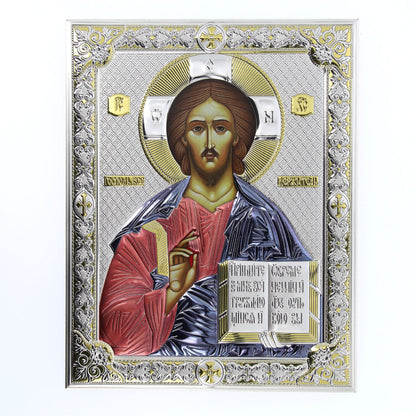 Icona Cristo Pantocratore, in argento. Dimensioni 20x26 cm