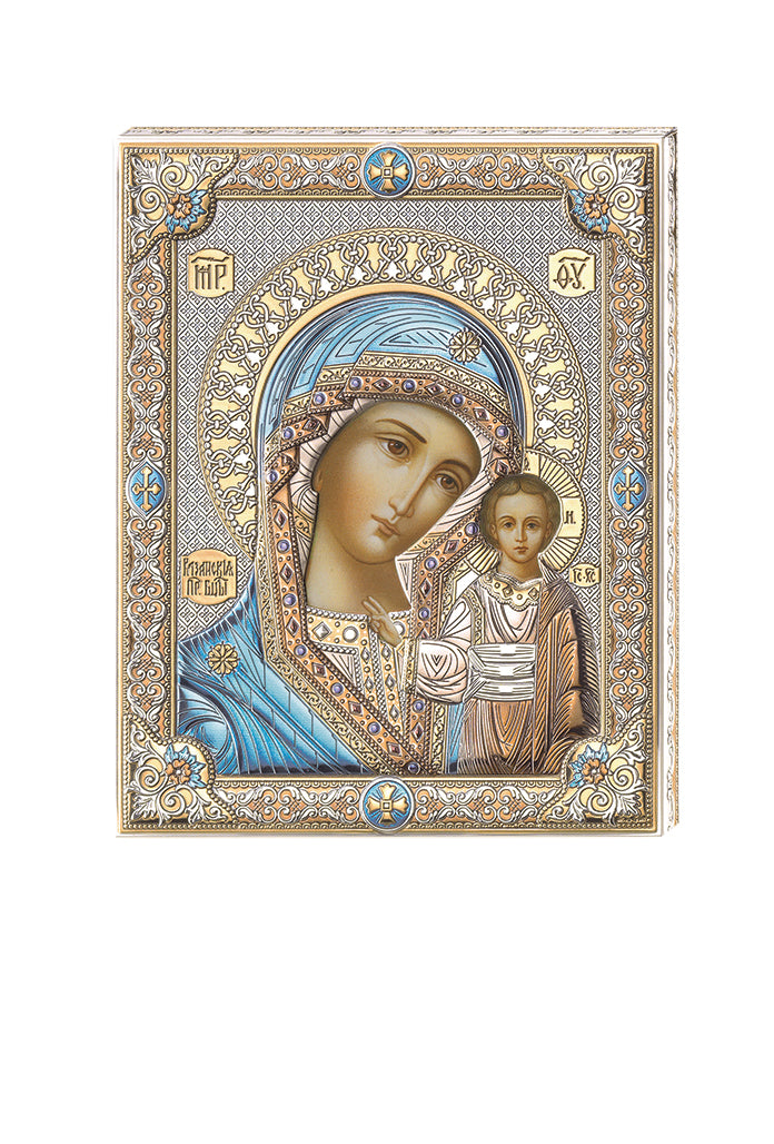 Icona Madre di Dio, in argento. Dimensioni 12x16 cm