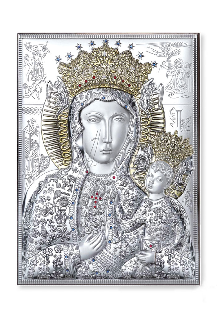 Icona Madonna di Czestochowa, in argento. Dimensioni 13x18 cm