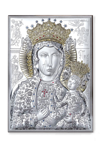 Icona Madonna di Czestochowa, in argento. Dimensioni 13x18 cm