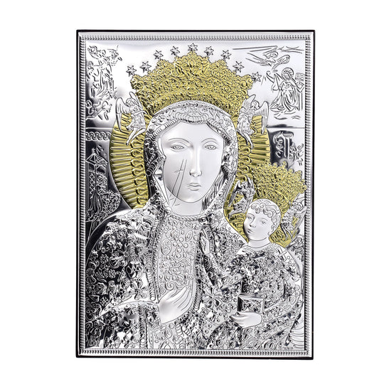 Icona Madonna di Czestochowa, in argento. Dimensioni 13x18 cm