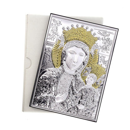 Icona Madonna di Czestochowa, in argento. Dimensioni 13x18 cm