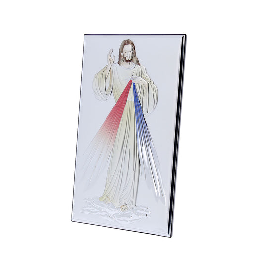 Quadro in legno Gesù Misericordioso con decorazioni colorate. Dimensioni 12x20 cm