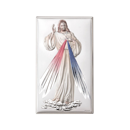 Quadro in legno Gesù Misericordioso con decorazioni colorate. Dimensioni 12x20 cm