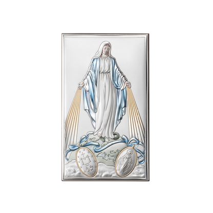 Quadro in argento Madonna Miracolosa con decorazioni colorate. Dimensioni 6,5x11 cm