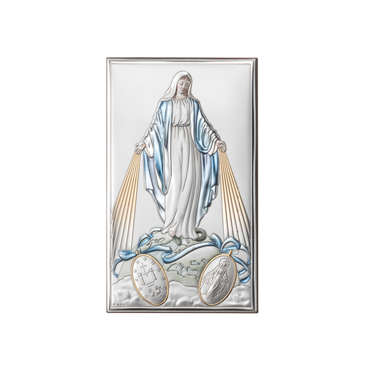 Quadro in argento Madonna Miracolosa con decorazioni colorate. Dimensioni 6,5x11 cm