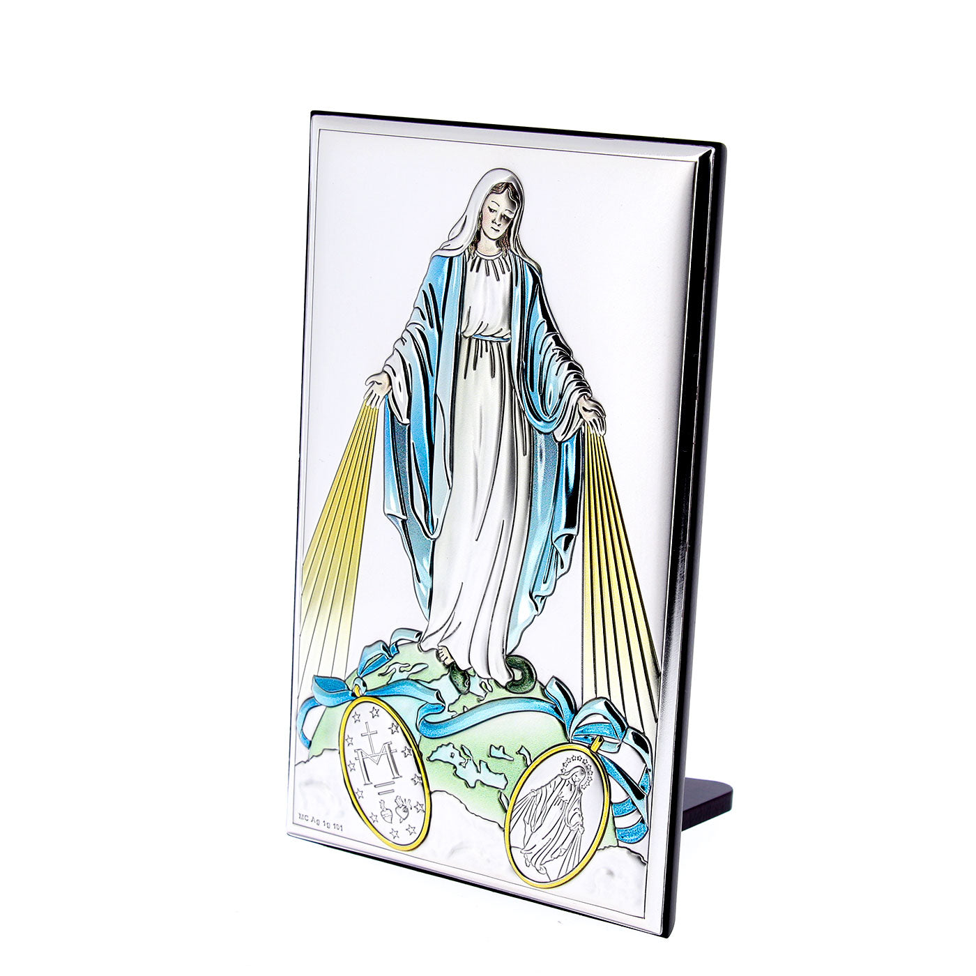 Quadro in argento Madonna Miracolosa con decorazioni colorate. Dimensioni 6,5x11 cm