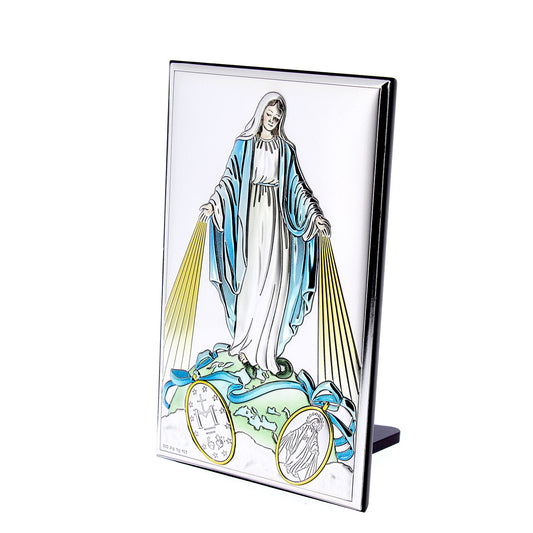 Quadro in argento Madonna Miracolosa con decorazioni colorate. Dimensioni 6,5x11 cm