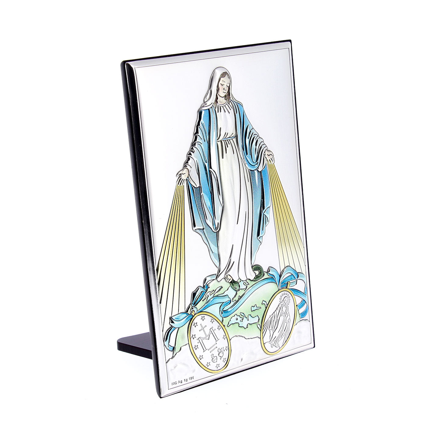 Quadro in argento Madonna Miracolosa con decorazioni colorate. Dimensioni 6,5x11 cm