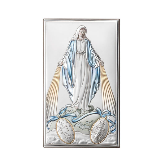 Quadro in argento Madonna Miracolosa con decorazioni colorate. Dimensioni12x20 cm