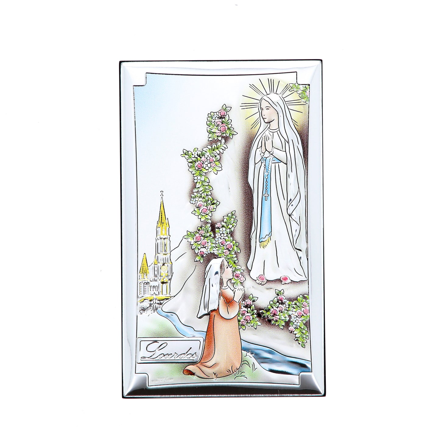Quadro in argento Madonna di Lourdes con decorazioni colorate. Dimensioni 6,5x11 cm