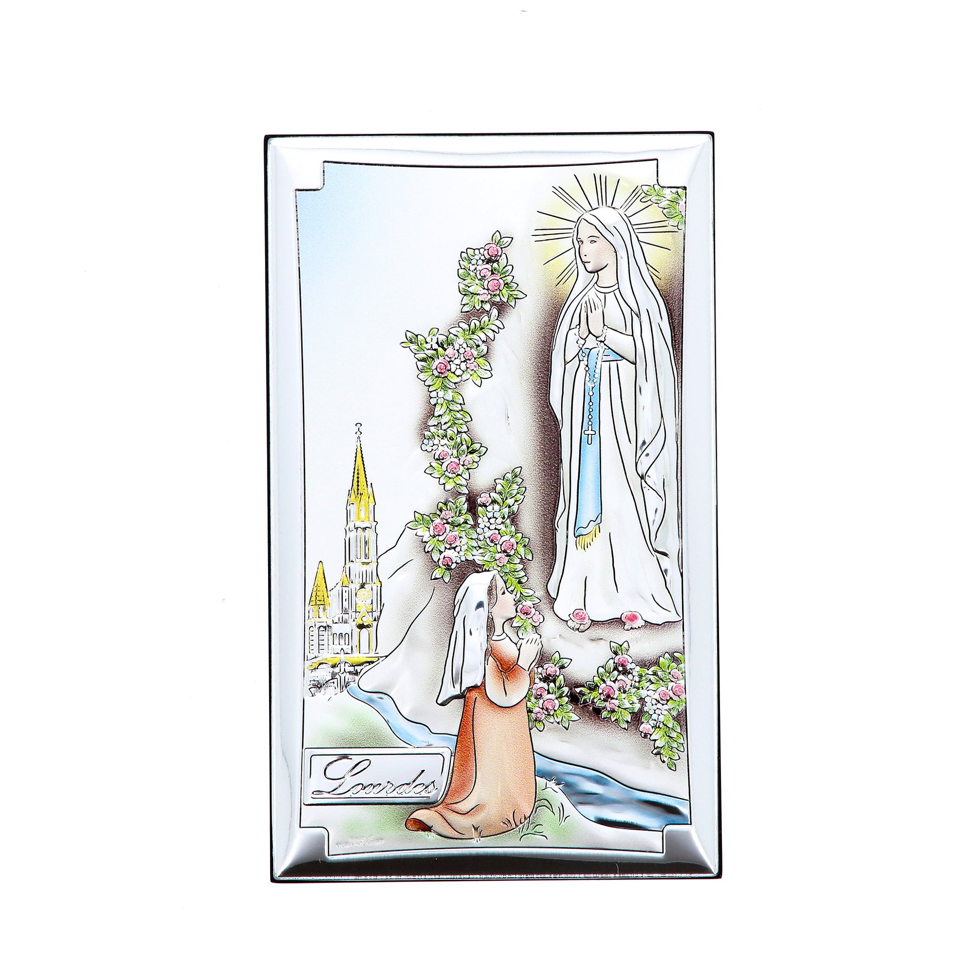 Quadro in argento Madonna di Lourdes con decorazioni colorate. Dimensioni 9x15 cm