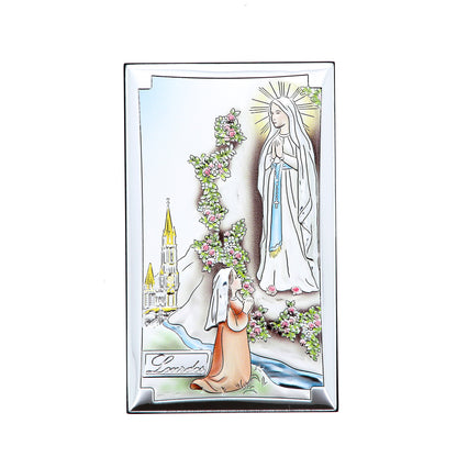 Quadro in argento Madonna di Lourdes con decorazioni colorate. Dimensioni 9x15 cm