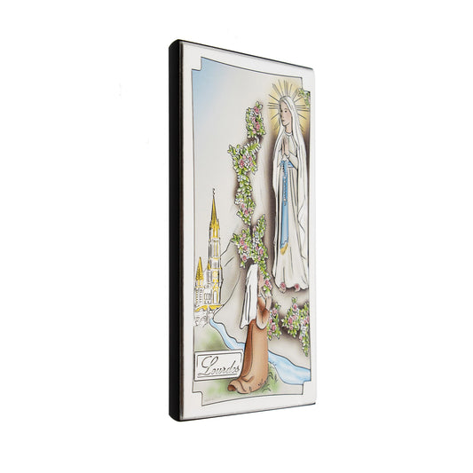 Quadro in argento Madonna di Lourdes con decorazioni colorate. Dimensioni 6,5x11 cm