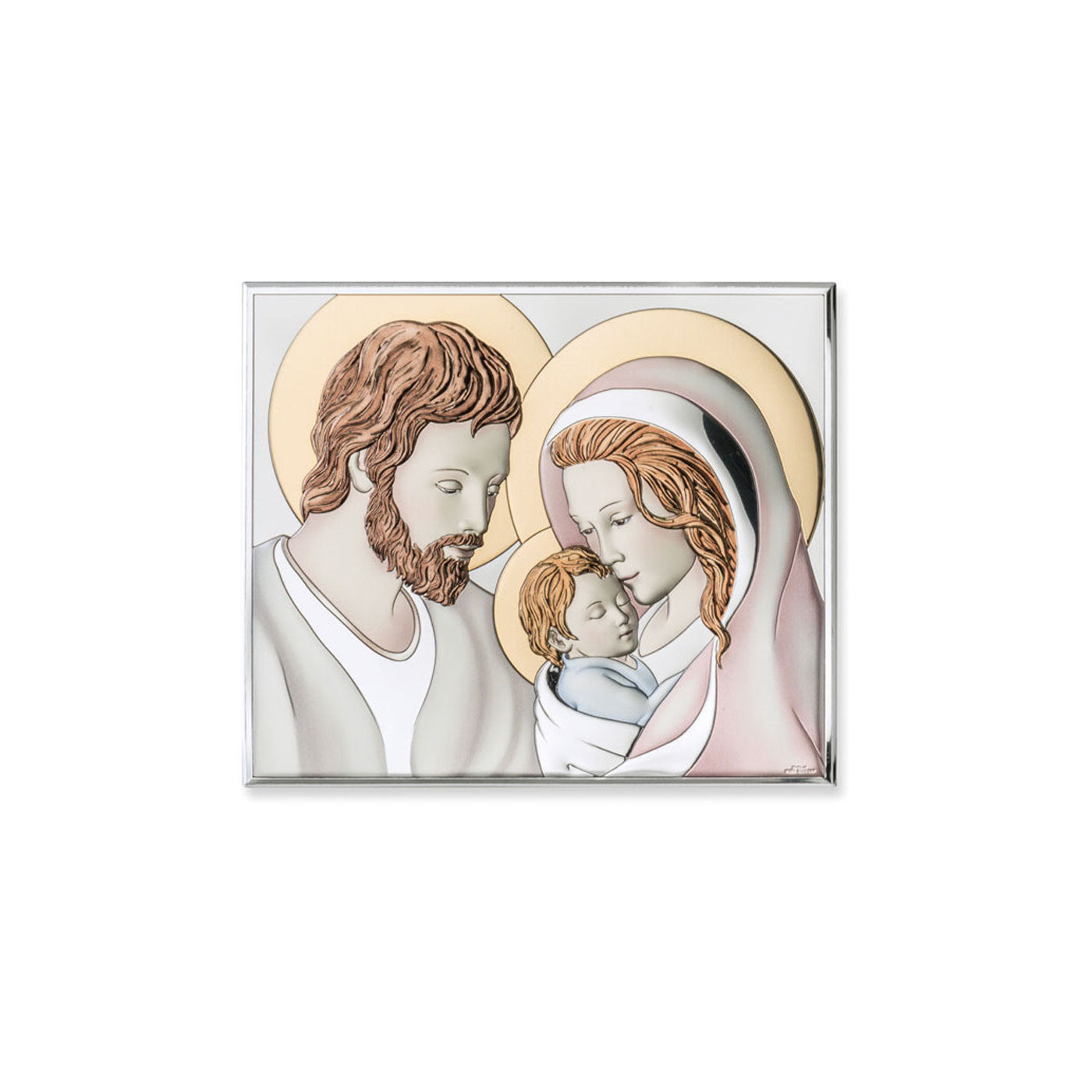 Quadro in argento Sacra Famiglia con decorazioni colorate. Dimensioni 7,5x6 cm
