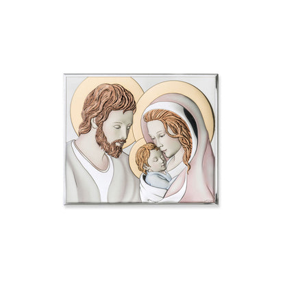 Quadro in argento Sacra Famiglia con decorazioni colorate. Dimensioni 7,5x6 cm