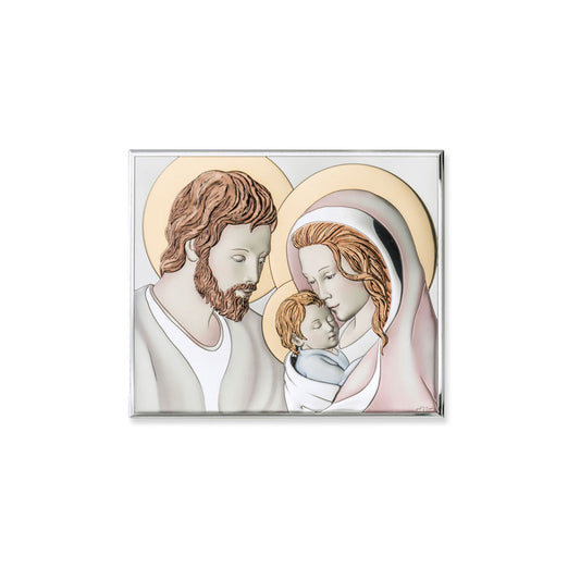 Quadro in argento Sacra Famiglia con decorazioni colorate. Dimensioni 7,5x6 cm
