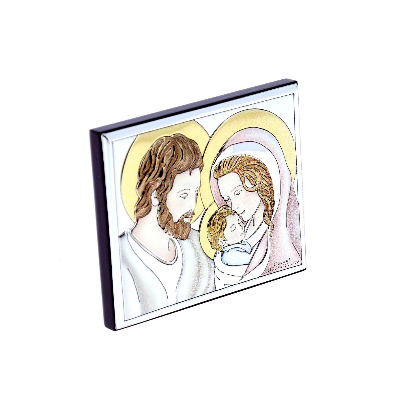 Quadro in argento Sacra Famiglia con decorazioni colorate. Dimensioni 7,5x6 cm