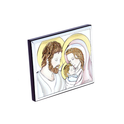 Quadro in argento Sacra Famiglia con decorazioni colorate. Dimensioni 7,5x6 cm