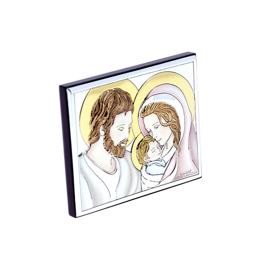 Quadro in argento Sacra Famiglia con decorazioni colorate. Dimensioni 7,5x6 cm