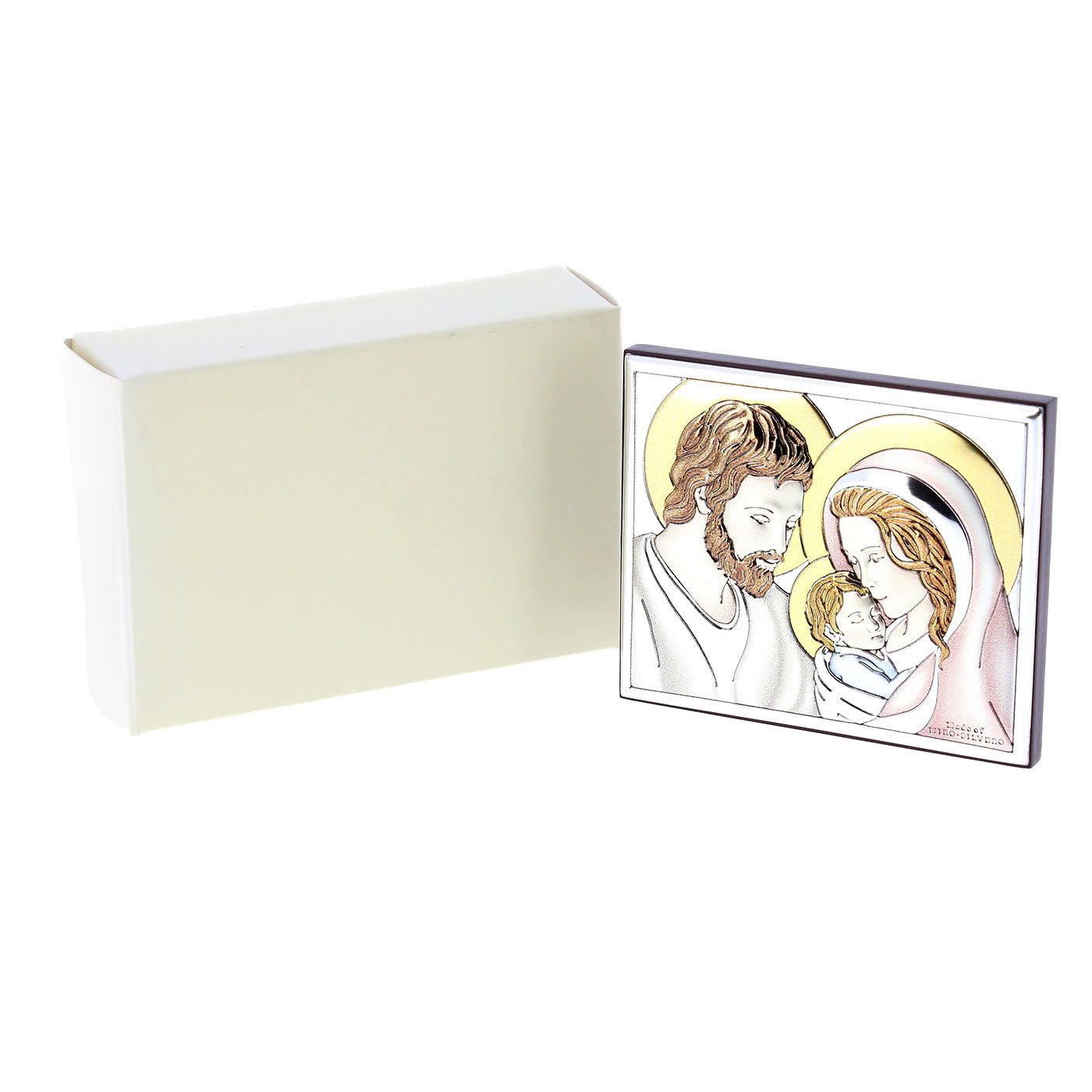 Quadro in argento Sacra Famiglia con decorazioni colorate. Dimensioni 7,5x6 cm