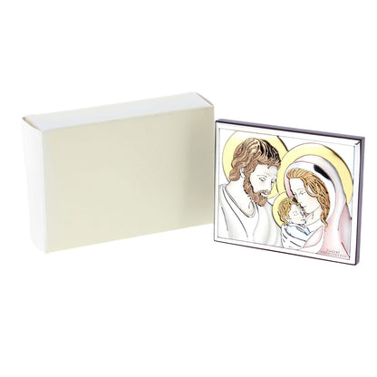 Quadro in argento Sacra Famiglia con decorazioni colorate. Dimensioni 7,5x6 cm