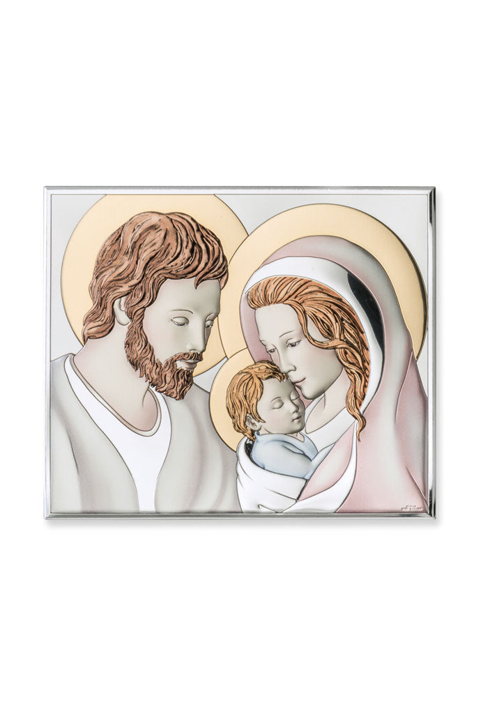 Quadro in argento Sacra Famiglia con decorazioni colorate. Dimensioni 7,5x6 cm