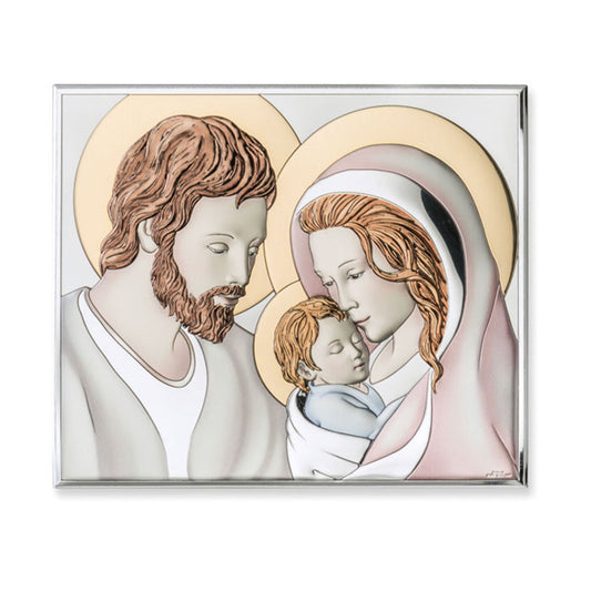 Quadro in argento Sacra Famiglia con decorazioni colorate. Dimensioni 46x37 cm