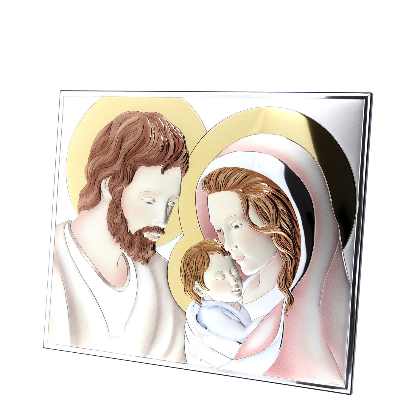 Quadro in argento Sacra Famiglia con decorazioni colorate. Dimensioni 46x37 cm