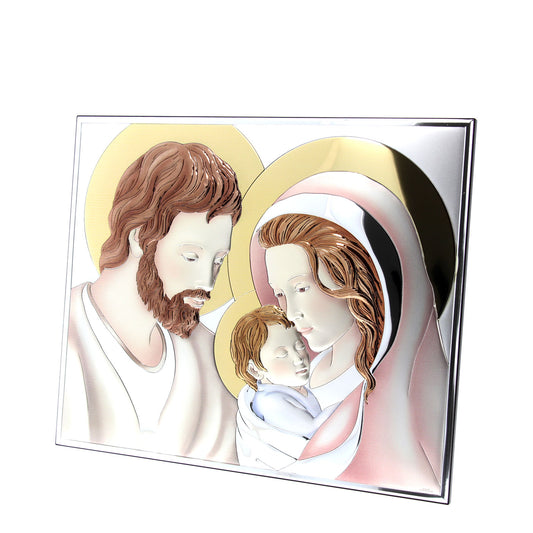 Quadro in argento Sacra Famiglia con decorazioni colorate. Dimensioni 46x37 cm