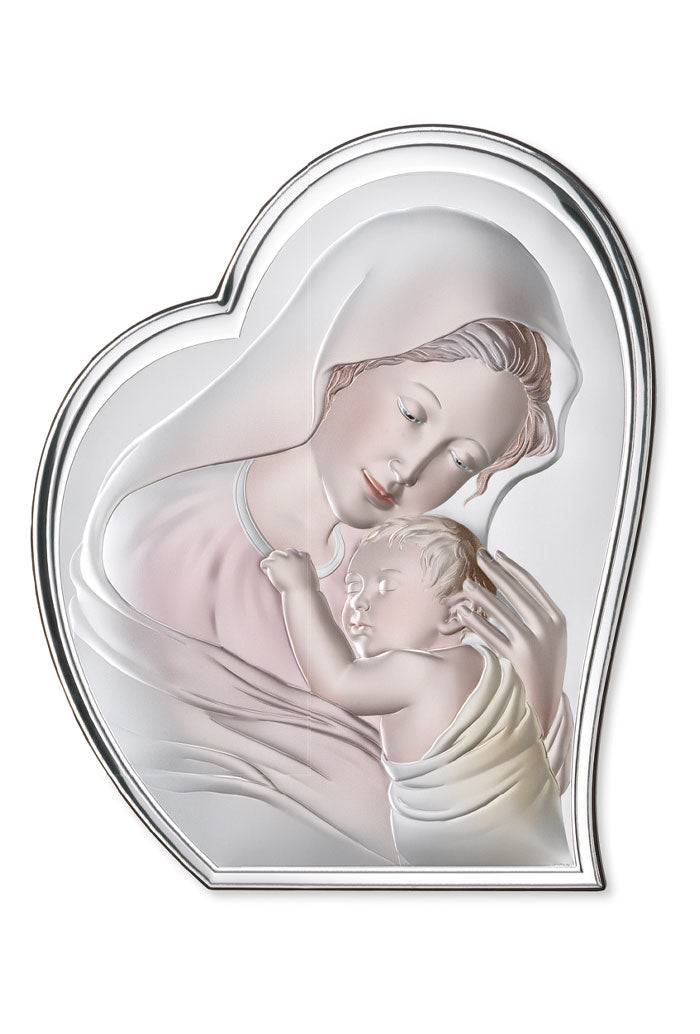 Quadro in argento Madonna con Bambino con decorazioni colorate, sagomato. Dimensioni 16x19,5 cm