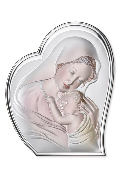 Quadro in argento Madonna con Bambino con decorazioni colorate, sagomato. Dimensioni 27x32,5 cm