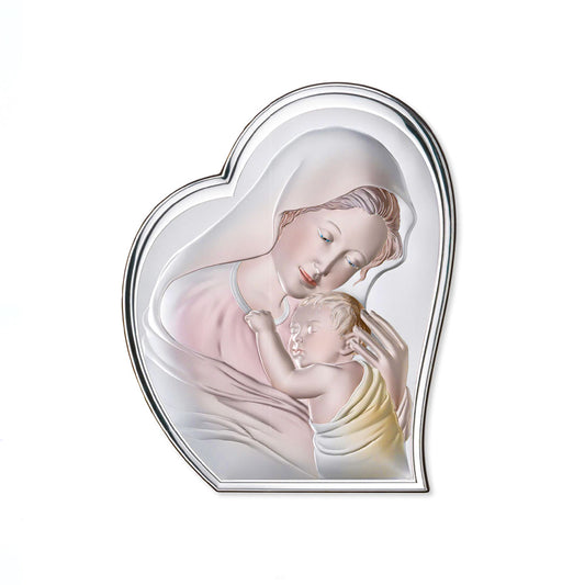 Quadro in argento Madonna con Bambino con decorazioni colorate, sagomato. Dimensioni 9x11 cm