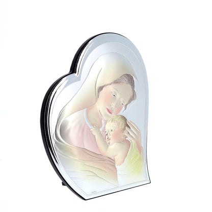 Quadro in argento Madonna con Bambino con decorazioni colorate, sagomato. Dimensioni 16x19,5 cm