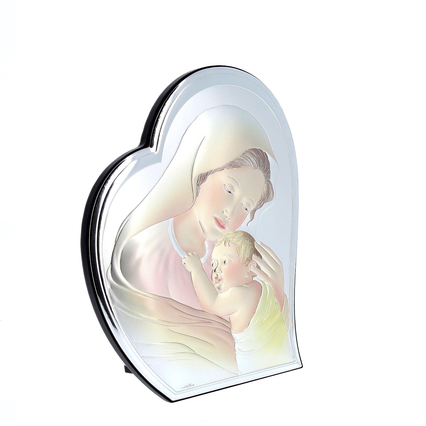 Quadro in argento Madonna con Bambino con decorazioni colorate, sagomato. Dimensioni 27x32,5 cm