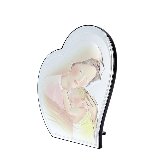 Quadro in argento Madonna con Bambino con decorazioni colorate, sagomato. Dimensioni 9x11 cm
