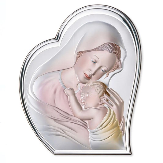 Quadro in argento Madonna con Bambino con decorazioni colorate, sagomato. Dimensioni 27x32,5 cm