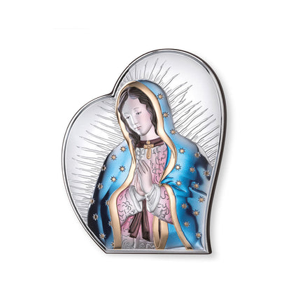 Quadro in argento Madonna di Guadalupe con decorazioni colorate, sagomato. Dimensioni 9x11 cm