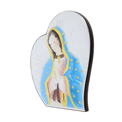 Quadro in argento Madonna di Guadalupe con decorazioni colorate, sagomato. Dimensioni 12x14,5 cm