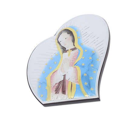 Quadro in argento Madonna di Guadalupe con decorazioni colorate, sagomato. Dimensioni 12x14,5 cm