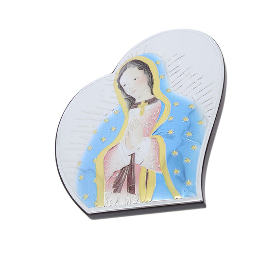 Quadro in argento Madonna di Guadalupe con decorazioni colorate, sagomato. Dimensioni 9x11 cm