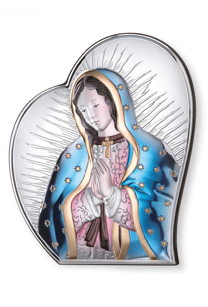 Quadro in argento Madonna di Guadalupe con decorazioni colorate, sagomato. Dimensioni 12x14,5 cm