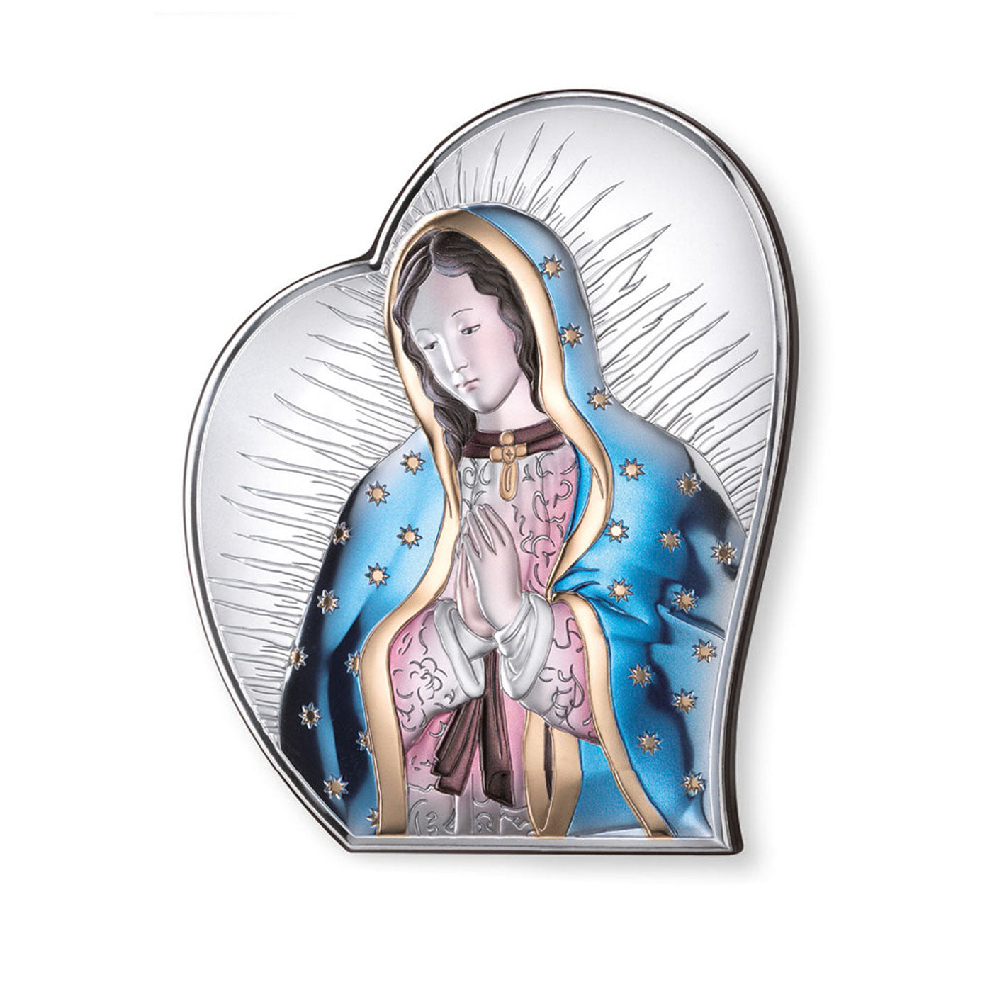 Quadro in argento Madonna di Guadalupe con decorazioni colorate, sagomato. Dimensioni 12x14,5 cm