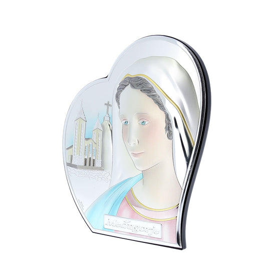Quadro in argento Madonna di Medjugorje con decorazioni colorate, sagomato. Dimensioni 12x14,5 cm