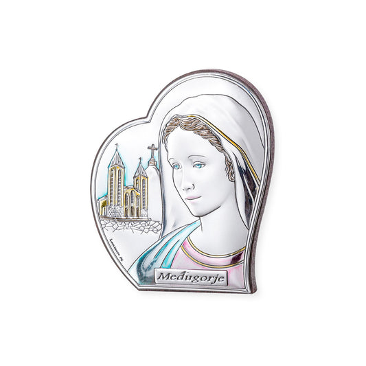 Quadro in argento Madonna di Medjugorje con decorazioni colorate, sagomato. Dimensioni 12x14,5 cm