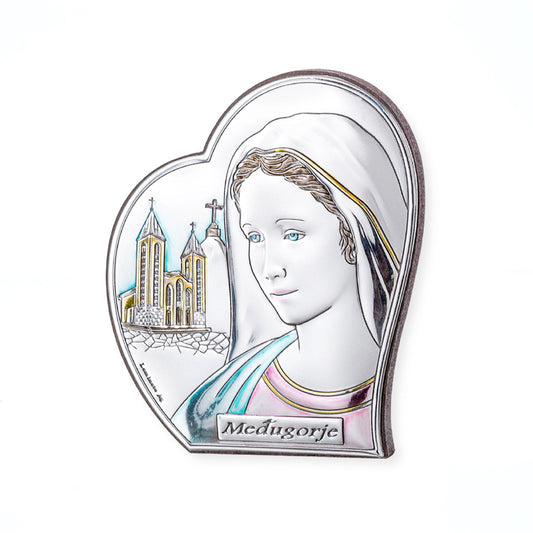 Quadro in argento Madonna di Medjugorje con decorazioni colorate, sagomato. Dimensioni 16x19,5 cm