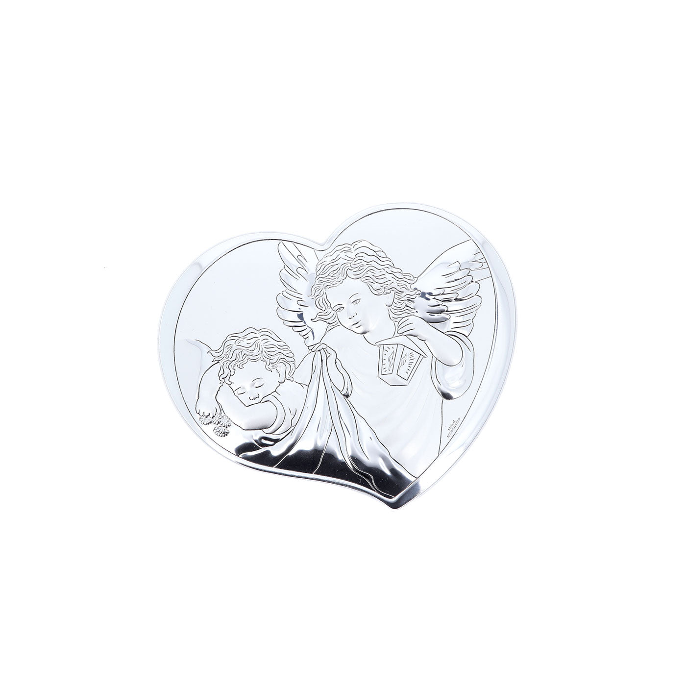 Quadro in argento Angelo Custode, retro legno bianco. Dimensioni 7,5x6,5 cm